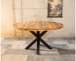 Meubelplaats Ronde Mango Eettafel Spider 130x130x77 cm - 5 cm dik blad - Industrieel Design - Extra dik blad - Massief Mangohout