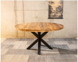 Meubelplaats Ronde Mango Eettafel Spider 150x150x77 cm - Industrieel Design - Massief Mangohout
