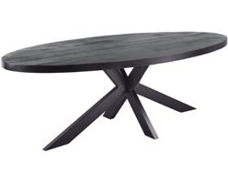 Meubelplaats Zwarte mango Eettafel Ovaal met zwarte matrixpoot van metaal 180x90 - industrieel Design - Massief zwart Mangohout