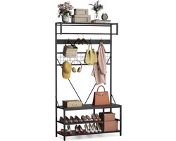 Meubels - Halmeubel - Halmeubel met bankje en schoenenopbergruimte - 5-in-1 jassen- en schoenenrek met verstelbare plank - 39,37" schoenenbankje voor in de hal met kapstok - Hangstang en 9 haken, voor hal, bijkeuken, slaapkamer, retro zwart