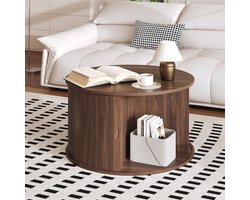Meubels - Salontafel - Ronde salontafel van 71 cm met opbergruimte - Mid-century moderne geribbelde bijzettafel met schuifdeur - Ronde salontafels voor eikenhouten woonkamer, hal, studeerkamer