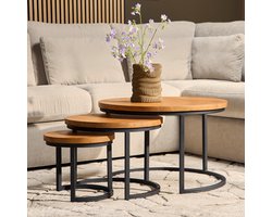 Meubels4nu - Ronde Salontafel - Set van 3 - Mangohout - Koffietafel - Bijzettafel - Voortafel - Industrieel - Brooklyn - Snelle levering