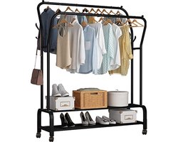 MeubelsvanJoep® Industrieel Kledingrek op wielen - Metaal - 110x33x150 CM - Mat zwart poedercoating - Opbergruimte Voor Schoenen - Garderoberek Met Haken