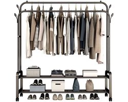 MeubelsvanJoep® Industrieel Kledingrek op wielen - Metaal - 110x54x150 CM - Mat zwart poedercoating - Opbergruimte Voor Schoenen - Garderoberek Met Haken