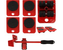 Meubeltransportwielen 5-delig – Meubelroller Set met Lastenheffer – 150 kg Draaggewicht – Verhuizing & Meubelverplaatsing – Rood