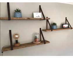 MeubelZwagerij steigerhout wandplank met zwarte leren riemen - bruin