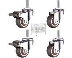 Meubelzwenkwielen, M8-schroefdraad, met rem, kleine antislip rubberen wielen, M8 x 15 mm, 2 met rem + 2 zonder rem.