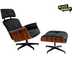 Meubi Lounge Chair + Hocker - Zwart - Palissander - Fauteuil - Relaxfauteuil - Stoel -Italiaans Leer - PREMIUM