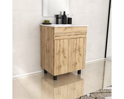 Meuble de salle de bains 60 cm TIMBER - Décor Chêne Naturel à portes avec Vasque céramique blanche
