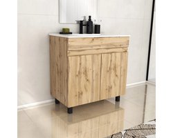 Meuble de salle de bains 80cm 2 Portes_Chêne Naturel + Vasque céramique blanche - TIMBER 80