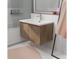 Meuble de salle de bains 80cm à Suspendre Décor Bois Clair - 2 Portes - Vasque Blanche - ELEMENTARY