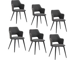 Meubles Cosy – AKANJI – Set van 6 eetkamerstoelen met armleuningen – Grijs – Stoffen zitting – Metalen poten