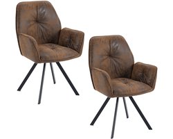 Meubles Cosy – CALF – Set van 2 comfortabele eetkamerstoelen met armleuningen – Bruin – Suède microvezel – Vintage stijl
