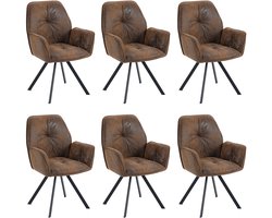 Meubles Cosy – CALF – Set van 6 comfortabele eetkamerstoelen met armleuningen – Bruin – Suède microvezel – Vintage stijl