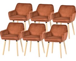 Meubles Cosy Eetkamerstoel - Set Van 6 Fluweel Ribstof Houten Poten Scandinavisch Design - Baksteenrood
