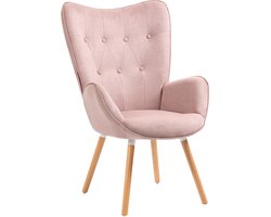 MEUBLES COSY KAS fauteuil scandinave – hoog rug, roze stof, comfortabele zit, massief beukenhouten poten