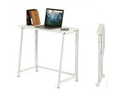 MEUBLES COSY Opvouwbaar bureau – Laptoptafel met 4 wielen – Voor kleine ruimtes – Industrieel metaal frame – Wit