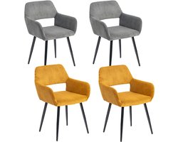 Meubles Cosy Set van 4 eetkamerstoelen - met armleuningen Corduroy zitting – Donkergrijs & Geel