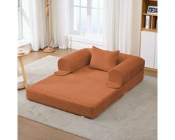 MEUNIQ 1-zits slaapbank in oranje corduroy, uitklapbaar tot een eenpersoonsbed, met kussen, lage zithoogte en compacte vorm voor woonkamer of slaapkamer