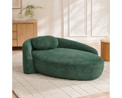 MEUNIQ 1-zits zitbank in groen teddy, rond minimalistisch design met zachte bekleding en hoofdsteunkussen voor woonkamer, slaapkamer of werkkamer