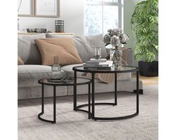 MEUNIQ 2-delige salontafelset rond met gehard glazen tafelblad en zwart stalen frame, deels inschuifbaar als bijzettafelset voor woonkamer of lounge
