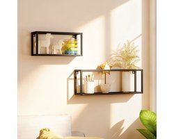 MEUNIQ 2-delige wandrekken set 60 x 12 x 21 cm en 40 x 12 x 19 cm, stalen wandplanken met open frame, wandmontage, 15 kg draagvermogen per plank, zwart