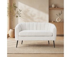 MEUNIQ 2-zits bank van chenille in crème, compacte zitbank met gebogen rugleuning, zwarte metalen poten en gestikte afwerking voor woonkamer of slaapkamer