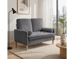 MEUNIQ 2-zits corduroy loveseat bank 121 cm, Scandinavische stijl, grijze stoffen bank met houten poten voor woonkamer, appartement of slaapkamer