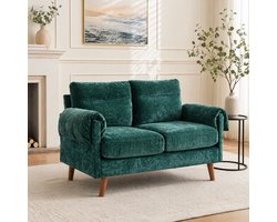 MEUNIQ 2-zits loveseat bank van chenille in groen, compact ontwerp met hoge houten poten, zachte kussens en mid-century uitstraling voor woonkamer of slaapkamer