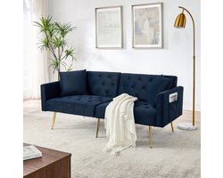 MEUNIQ 2-zits slaapbank van blauw velvet met 3-voudig verstelbare rugleuning, 2 kussens en metalen poten voor woonkamer en appartement