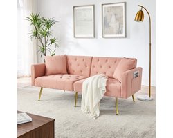 MEUNIQ 2-zits slaapbank van roze velvet met 3-voudig verstelbare rugleuning, 2 kussens, metalen poten voor woonkamer en slaapkamer