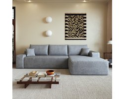 MEUNIQ 270 cm hoekbank in grijs met L-vormige chaise longue, modulaire zitbank van stof, diepe zit en zonder montage voor woonkamer, slaapkamer en appartement