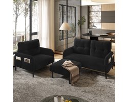 MEUNIQ 3-delige bankenset met 2-zitsbank, fauteuil en hocker, corduroy, zijvak, metalen en houten frame, voor woonkamer, slaapkamer of kantoor, zwart