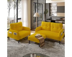 MEUNIQ 3-delige bankset met 2-zitsbank, fauteuil en hocker, corduroy, met zijvak, metalen frame, voor woonkamer, slaapkamer of werkruimte, geel