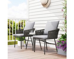 MEUNIQ 3-delige bistroset van staal met 2 stoelen, ronde tafel en afneembare kussens, grijze balkonset voor tuin, terras, veranda of balkon