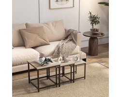 MEUNIQ 3-delige set bijzettafels 45 x 45 x 44 cm nesting tafelset met houtlook blad en zwart stalen frame voor woonkamer, zithoek of naast de bank in naturel