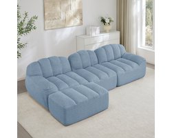 MEUNIQ 3-zits L-vormige modulaire bank met 1 ottoman, 32D koudschuim, zachte granulaire fleece, woonkamer, blauw