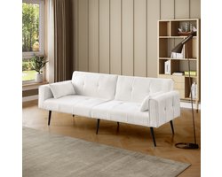 MEUNIQ 3-zits slaapbank 175 x 71 x 71 cm van stof met metalen poten, beige, om te zetten naar bed voor woonkamer of studeerkamer