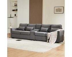 MEUNIQ 4-zits bank van linnen, 290 x 83 x 88 cm, met opbergconsole, 2 bekerhouders, USB-aansluitingen, armleuningtasjes en 4 kussens, voor woonkamer, grijs