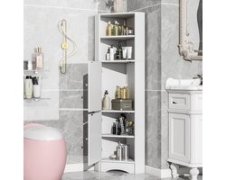 MEUNIQ Badkamer-hoekkast 36,5 x 36,5 x 155 cm, driehoekige opbergkast met open vakken, verstelbare plank en 2 deuren, wit
