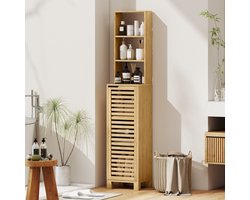 MEUNIQ badkamerkast 34 x 30 x 170 cm smalle hoge kast met 3 open vakken, lamellendeur en verstelbare planken, bamboe opbergkast voor badkamer, naturel