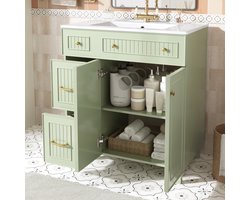 MEUNIQ badkamermeubel 81,7 x 46,8 x 90 cm met keramische wastafel, 2 lades, 1 deur, houten poten en metalen knoppen, staand model in groen