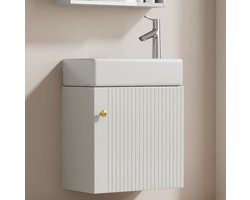 MEUNIQ Badkamermeubel met keramische wastafel 46 x 26 x 56 cm, wandhangende onderbouwkast met soft-close deur en metalen knop, wit, voor kleine badkamer