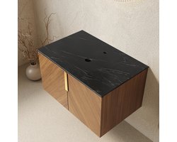 MEUNIQ Badkamermeubel onderbouwkast 76 x 50 x 43 cm met zwarte gesinterde stenen werkblad, 2 deuren en eikenlook voor badkamer