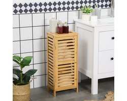 MEUNIQ badschrank 30 x 19,9 x 70 cm met lamellendeur, verstelbare plank, 2 vakken, bamboe opbergkast voor badkamer of toiletruimte, naturel