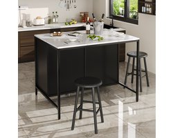 MEUNIQ Bartafel 100 x 90 x 90 cm met opbergruimte, 2 lades, uitbreidbaar werkblad en marmereffect tafelblad, statafel voor keuken en eetkamer, zwart