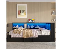 MEUNIQ bedbank 90 x 200 cm met uitschuifbed, 5 opbergkasten, LED-hoofdbord, 2 USB-poorten en 2 stopcontacten, metaal en MDF, zwart