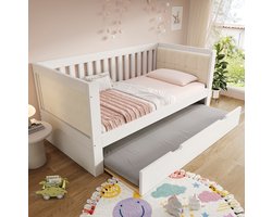 MEUNIQ Bedbank 90x200 cm met uitschuifbed 90x190 cm, lattenbodem, driezijdige rugleuning en wielen met rem, houten bedframe voor slaapkamer of logeerkamer, wit