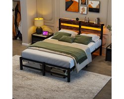 MEUNIQ bedframe 120x200 cm met LED verlichting, 2 USB-poorten en opbergruimte onder bed, metalen bed met hoofdbord en lattenbodem voor slaapkamer, zwart bruin