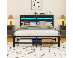 MEUNIQ bedframe 120x200 cm met RGB LED-verlichting, 2 USB-poorten, metalen bed met hoofdbord en 27 cm opbergruimte onder het bed, zwart, zonder matras